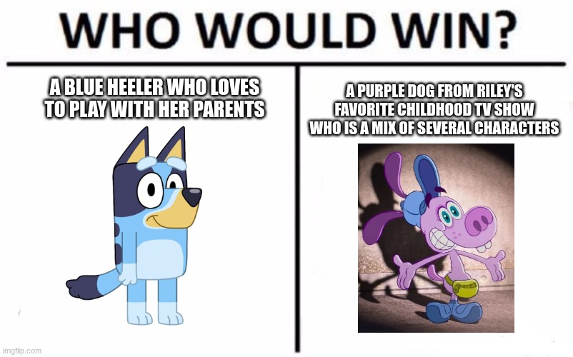 Who Would Win? Meme | A PURPLE DOG FROM RILEY'S FAVORITE CHILDHOOD TV SHOW WHO IS A MIX OF SEVERAL CHARACTERS; A BLUE HEELER WHO LOVES TO PLAY WITH HER PARENTS | image tagged in memes,who would win,inside out,pixar,disney,bluey | made w/ Imgflip meme maker