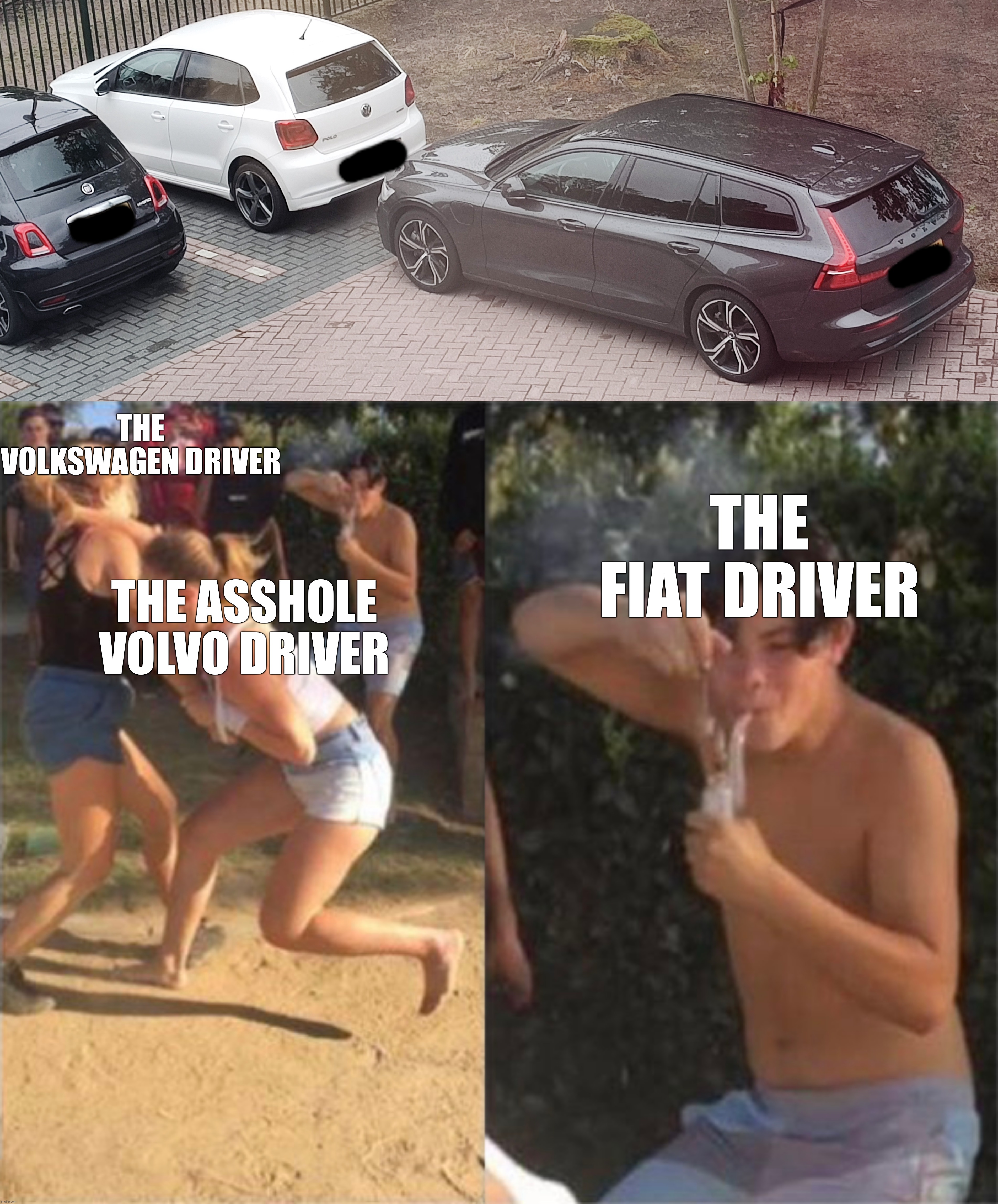 Everyday at the parking lot | THE FIAT DRIVER; THE VOLKSWAGEN DRIVER; THE ASSHOLE VOLVO DRIVER | image tagged in two girls fighting,parking lot | made w/ Imgflip meme maker