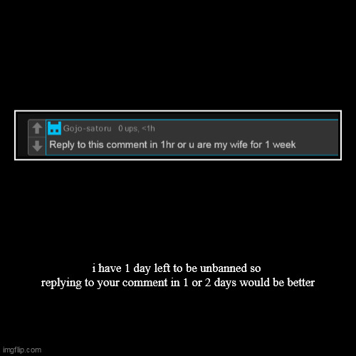 i have 1 day left to be unbanned so 
replying to your comment in 1 or 2 days would be better | | image tagged in funny,demotivationals | made w/ Imgflip demotivational maker