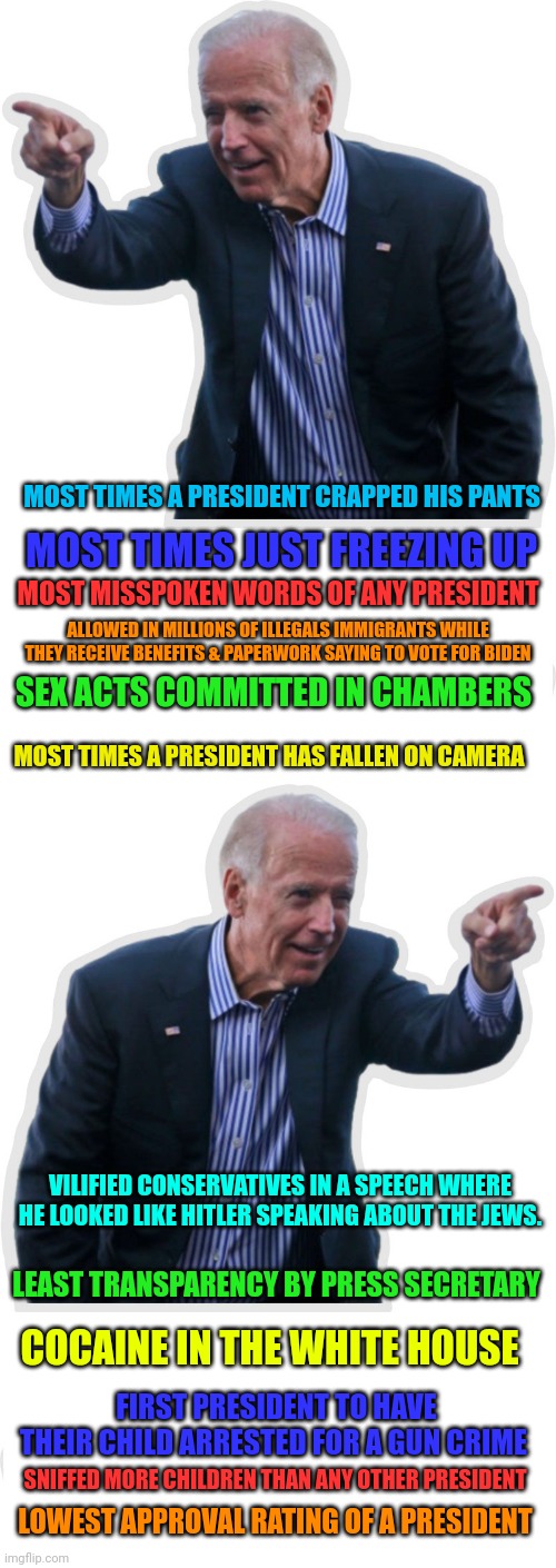 Look at Joe's accomplishments | MOST TIMES A PRESIDENT CRAPPED HIS PANTS; MOST TIMES JUST FREEZING UP; MOST MISSPOKEN WORDS OF ANY PRESIDENT; ALLOWED IN MILLIONS OF ILLEGALS IMMIGRANTS WHILE THEY RECEIVE BENEFITS & PAPERWORK SAYING TO VOTE FOR BIDEN; SEX ACTS COMMITTED IN CHAMBERS; MOST TIMES A PRESIDENT HAS FALLEN ON CAMERA; VILIFIED CONSERVATIVES IN A SPEECH WHERE HE LOOKED LIKE HITLER SPEAKING ABOUT THE JEWS. LEAST TRANSPARENCY BY PRESS SECRETARY; COCAINE IN THE WHITE HOUSE; FIRST PRESIDENT TO HAVE THEIR CHILD ARRESTED FOR A GUN CRIME; SNIFFED MORE CHILDREN THAN ANY OTHER PRESIDENT; LOWEST APPROVAL RATING OF A PRESIDENT | image tagged in biden i did that | made w/ Imgflip meme maker