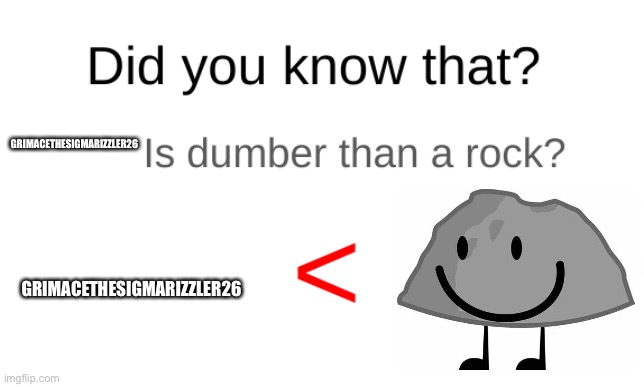 Did you know that (blank) is dumber than a rock? | GRIMACETHESIGMARIZZLER26; GRIMACETHESIGMARIZZLER26 | image tagged in did you know that blank is dumber than a rock | made w/ Imgflip meme maker