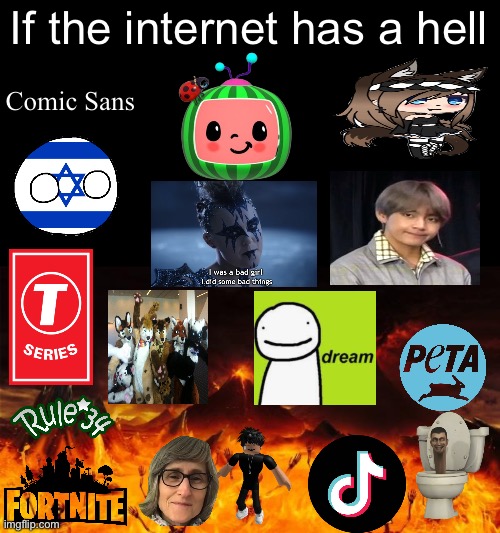 I forgot Cocomelon and gacha life in the original | If the internet has a hell; Comic Sans | image tagged in hell,israel,comic sans,rule 34,slender,peta | made w/ Imgflip meme maker