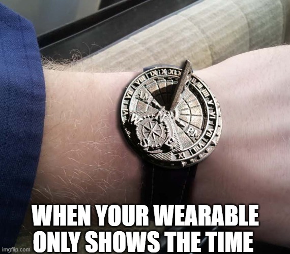 Sundial Wrist Watch | WHEN YOUR WEARABLE ONLY SHOWS THE TIME | image tagged in sundial wrist watch | made w/ Imgflip meme maker