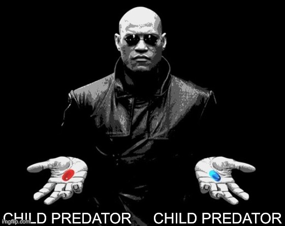 morpheus matrix blue pill red pill | CHILD PREDATOR CHILD PREDATOR | image tagged in morpheus matrix blue pill red pill | made w/ Imgflip meme maker