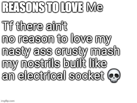 Reasons to love | Me; Tf there ain't no reason to love my nasty ass crusty mash my nostrils built like an electrical socket 💀 | image tagged in reasons to love | made w/ Imgflip meme maker