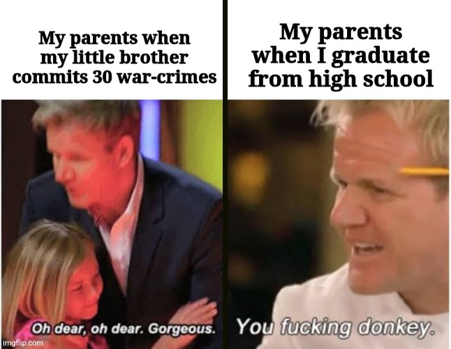 Little siblings can get away with just about anything fr | My parents when I graduate from high school; My parents when my little brother commits 30 war-crimes | image tagged in memes,funny,relatable,parents,family,gordon ramsay kids vs adults | made w/ Imgflip meme maker