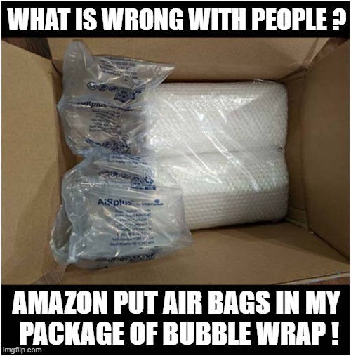 Environmentally Stupid ! | WHAT IS WRONG WITH PEOPLE ? AMAZON PUT AIR BAGS IN MY 
PACKAGE OF BUBBLE WRAP ! | image tagged in amazon,bubble wrap | made w/ Imgflip meme maker