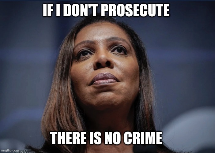 Letitia James looks up | IF I DON'T PROSECUTE THERE IS NO CRIME | image tagged in letitia james looks up | made w/ Imgflip meme maker