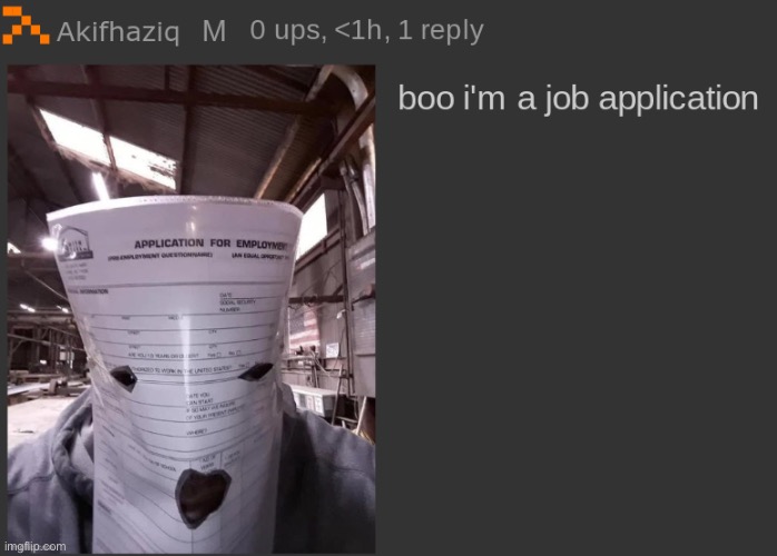 boo i'm a job application | image tagged in boo i'm a job application | made w/ Imgflip meme maker