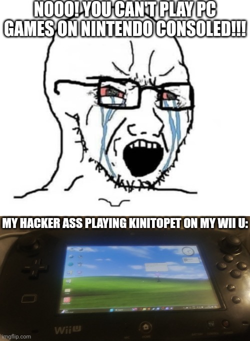 NOOO! YOU CAN'T PLAY PC GAMES ON NINTENDO CONSOLED!!! MY HACKER ASS PLAYING KINITOPET ON MY WII U: | image tagged in soyboy vs yes chad | made w/ Imgflip meme maker