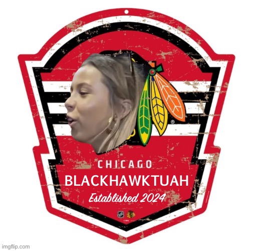Chicago Blackhawktuah | BLACKHAWKTUAH; Established 2024 | image tagged in memes,chicago blackhawks,hawk tuah,girl,tiktok,spit | made w/ Imgflip meme maker