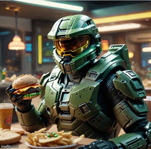 I asked an AI to make a picture of Master Chief eating a Whopper. Besides the fingers, it turned out pretty good. | image tagged in no tags | made w/ Imgflip meme maker