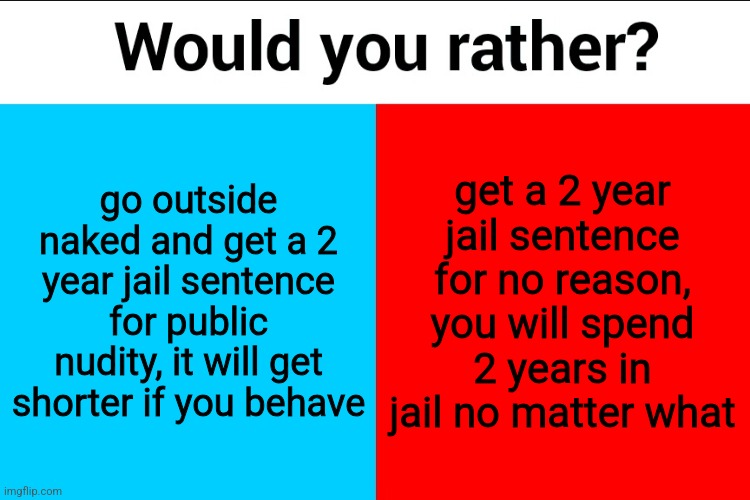 Would you rather? | go outside naked and get a 2 year jail sentence for public nudity, it will get shorter if you behave; get a 2 year jail sentence for no reason, you will spend 2 years in jail no matter what | image tagged in would you rather | made w/ Imgflip meme maker