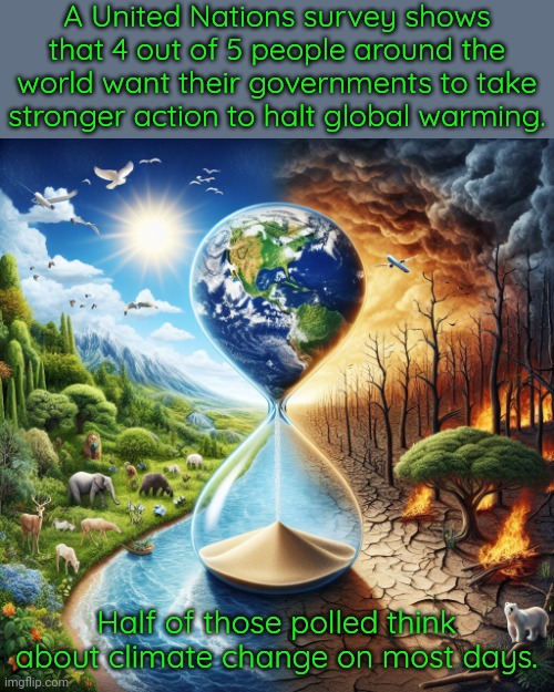 It's affecting our daily lives. | A United Nations survey shows that 4 out of 5 people around the world want their governments to take stronger action to halt global warming. Half of those polled think about climate change on most days. | image tagged in climate change,worried,everyone joins the battle | made w/ Imgflip meme maker