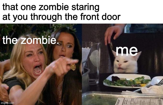 i prefer peaceful | that one zombie staring at you through the front door; the zombie. me | image tagged in memes,woman yelling at cat | made w/ Imgflip meme maker