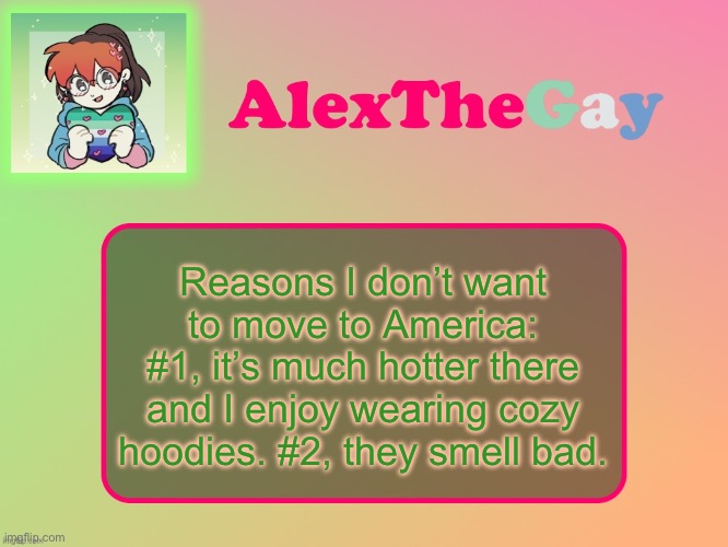 AlexTheGay template | Reasons I don’t want to move to America: #1, it’s much hotter there and I enjoy wearing cozy hoodies. #2, they smell bad. | image tagged in alexthegay template | made w/ Imgflip meme maker