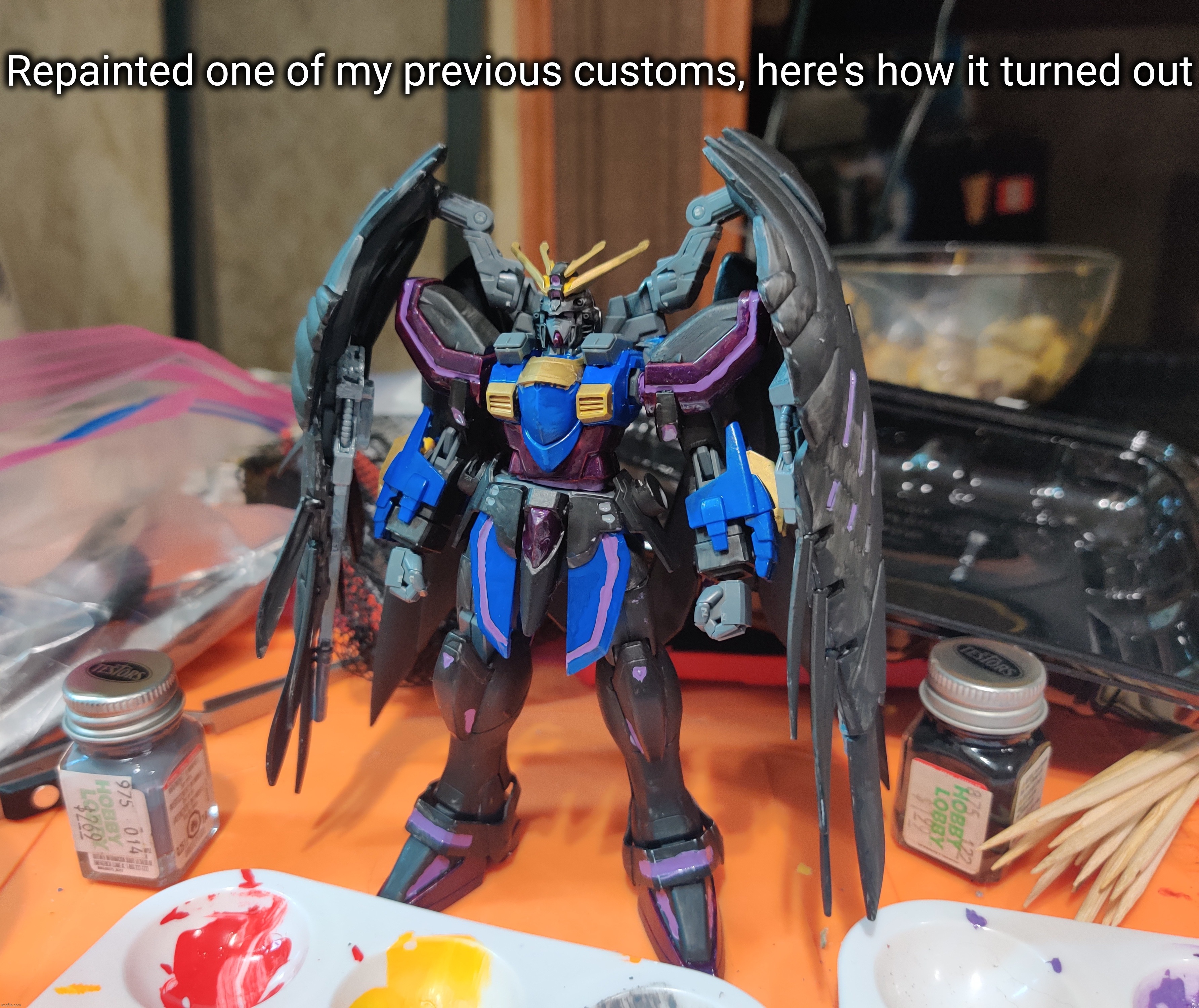 For some reason the colors are a lot brighter on camera, not sure I like it. All I did was paint over the red with dark purple | Repainted one of my previous customs, here's how it turned out | made w/ Imgflip meme maker