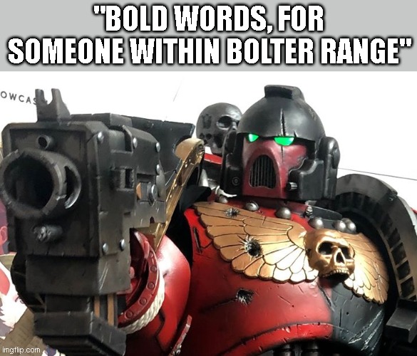 Bold Words | "BOLD WORDS, FOR SOMEONE WITHIN BOLTER RANGE" | image tagged in warhammer40k | made w/ Imgflip meme maker