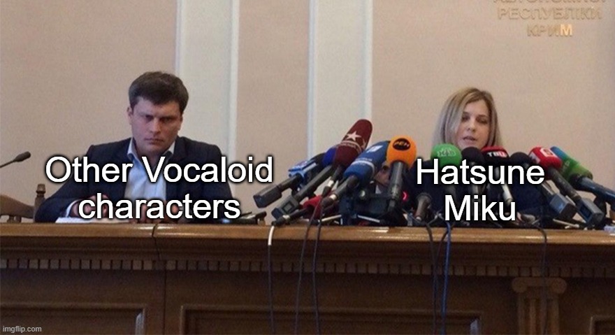 I'm not a fan of Vocaloid, but, I think it's true. | Other Vocaloid characters; Hatsune Miku | image tagged in man and woman microphone,hatsune miku,vocaloid,why are you reading this,relateable,funny | made w/ Imgflip meme maker
