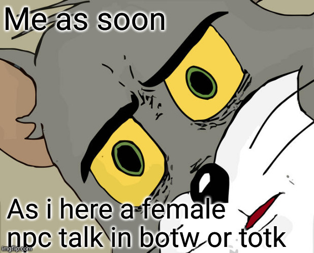 Unsettled Tom Meme | Me as soon; As i here a female npc talk in botw or totk | image tagged in memes,unsettled tom | made w/ Imgflip meme maker