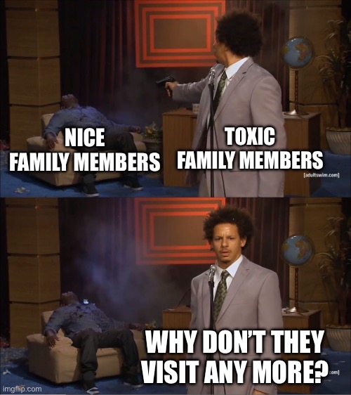 Who Killed Hannibal Meme | NICE FAMILY MEMBERS; TOXIC FAMILY MEMBERS; WHY DON’T THEY VISIT ANY MORE? | image tagged in memes,who killed hannibal,toxic,family life,2024,family reunion | made w/ Imgflip meme maker