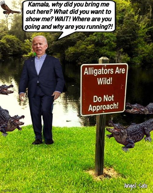 Kamala feeds Joe to the gators | Kamala, why did you bring me
out here? What did you want to
show me? WAIT! Where are you
going and why are you running?! Angel Soto | image tagged in joe biden can't read signs,joe biden,kamala harris,presidential election,alligators,gators | made w/ Imgflip meme maker