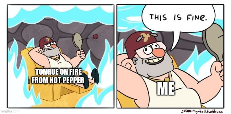 My tongue is on fire!!!!!! | TONGUE ON FIRE FROM HOT PEPPER; ME | image tagged in gravity falls this is fine,relatable,food memes,jpfan102504 | made w/ Imgflip meme maker