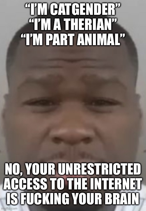 Fifty cent | “I’M CATGENDER”
“I’M A THERIAN”
“I’M PART ANIMAL”; NO, YOUR UNRESTRICTED ACCESS TO THE INTERNET IS FUCKING YOUR BRAIN | image tagged in fifty cent | made w/ Imgflip meme maker