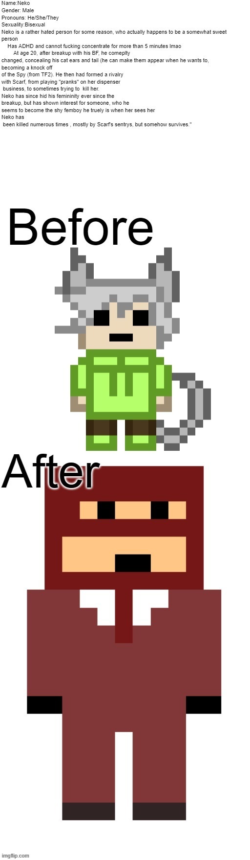 Posting some info about my charcter, thx to Cosmo for the drawing | made w/ Imgflip meme maker