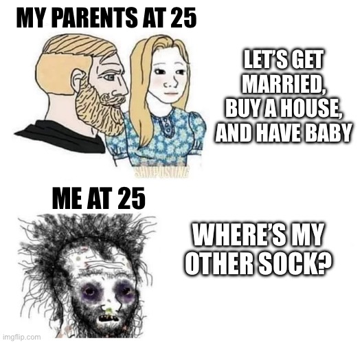 Parents vs Me at 25 | MY PARENTS AT 25; LET’S GET MARRIED, BUY A HOUSE, AND HAVE BABY; WHERE’S MY OTHER SOCK? ME AT 25 | image tagged in parents vs me | made w/ Imgflip meme maker