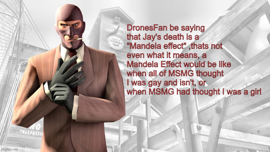 Or when everyone thought Banditos was a guy | DronesFan be saying that Jay's death is a "Mandela effect" ,thats not even what it means, a Mandela Effect would be like when all of MSMG thought I was gay and isn't, or when MSMG had thought I was a girl | image tagged in tf2 spy casual yapping temp | made w/ Imgflip meme maker