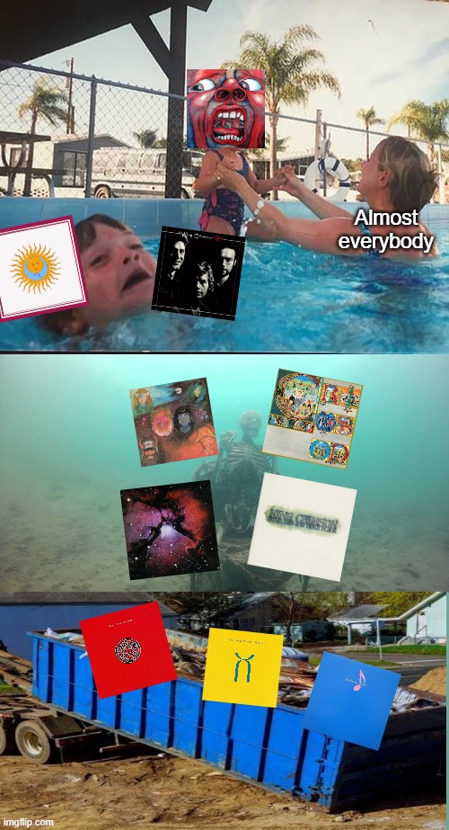 King Crimson albums now | Almost everybody | image tagged in mother ignoring kid drowning in a pool,king crimson | made w/ Imgflip meme maker