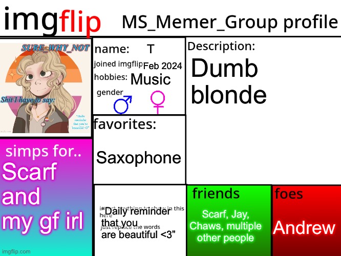 MSMG Profile | T; Dumb blonde; Feb 2024; Music; Saxophone; Scarf and my gf irl; Andrew; Scarf, Jay, Chaws, multiple other people; “Daily reminder that you are beautiful <3” | image tagged in msmg profile | made w/ Imgflip meme maker