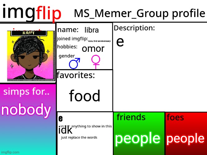 MSMG Profile | libra; e; iceu 3rd anniversary; omor; food; nobody; e; people; people; idk | image tagged in msmg profile | made w/ Imgflip meme maker
