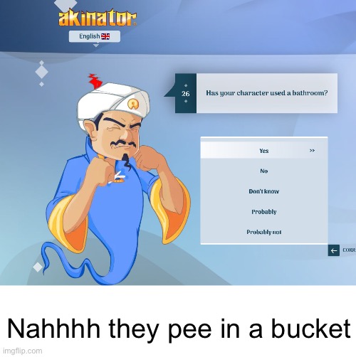 Akinator is stupid | Nahhhh they pee in a bucket | image tagged in memes,akinator | made w/ Imgflip meme maker