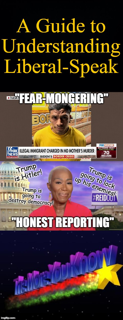 Reporting facts may stir up healthy fear, but MSM is just making stuff up to "fear-monger". | A Guide to Understanding Liberal-Speak; "FEAR-MONGERING"; Trump is Hitler! Trump is going to lock up his enemies! Trump is going to destroy democracy! "HONEST REPORTING" | image tagged in black background,the more you know,joy reid | made w/ Imgflip meme maker