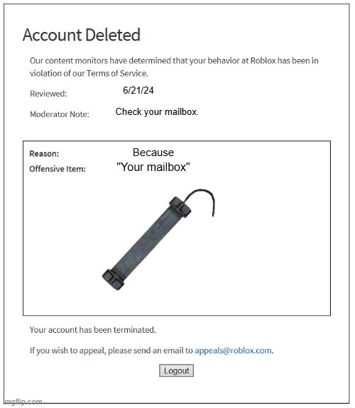 banned from ROBLOX | 6/21/24; Check your mailbox. Because; "Your mailbox" | image tagged in banned from roblox | made w/ Imgflip meme maker