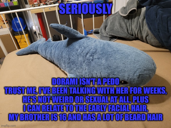 More pedo accusations against users you don't like, seriously, you can do better than this :/ | SERIOUSLY; DORAMI ISN'T A PEDO
TRUST ME, I'VE BEEN TALKING WITH HER FOR WEEKS, HE'S NOT WEIRD OR SEXUAL AT ALL, PLUS I CAN RELATE TO THE EARLY FACIAL HAIR, MY BROTHER IS 16 AND HAS A LOT OF BEARD HAIR | image tagged in my blahaj | made w/ Imgflip meme maker