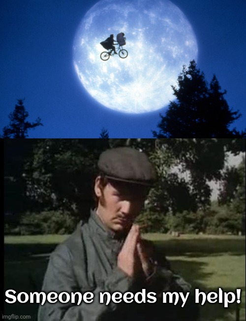 The Bicycle Repairman signal. | Someone needs my help! | image tagged in et jumping over the moon,monty python,superhero,bat signal | made w/ Imgflip meme maker