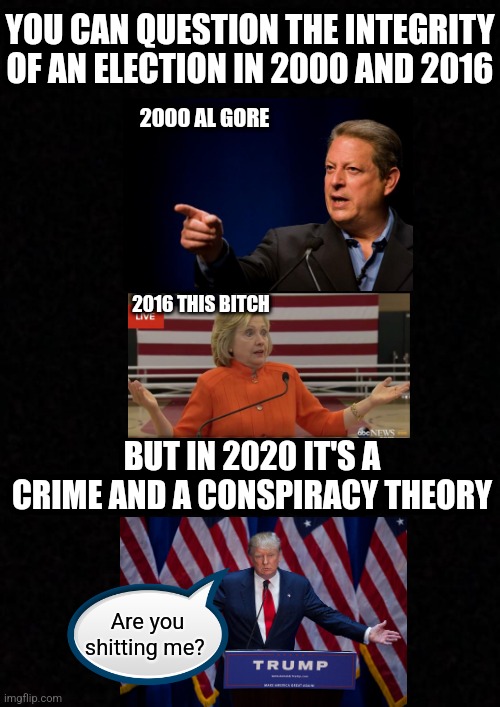 Blank  | YOU CAN QUESTION THE INTEGRITY OF AN ELECTION IN 2000 AND 2016; 2000 AL GORE; 2016 THIS BITCH; BUT IN 2020 IT'S A CRIME AND A CONSPIRACY THEORY; Are you shitting me? | image tagged in hillary clinton,al gore,donald trump,2016 elections,2020 elections,rigged elections | made w/ Imgflip meme maker