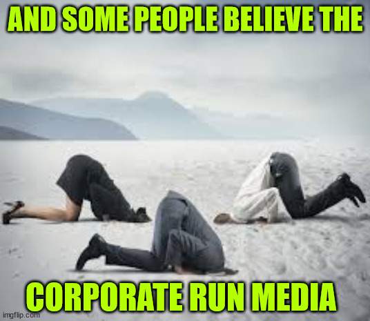 ostrich head in sand | AND SOME PEOPLE BELIEVE THE CORPORATE RUN MEDIA | image tagged in ostrich head in sand | made w/ Imgflip meme maker