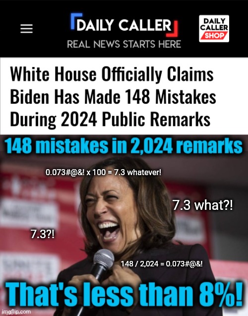 If you don't get it, you don't get it | 0.073#@&! x 100 = 7.3 whatever! 7.3 what?! 7.3?! 148 / 2,024 = 0.073#@&! | image tagged in memes,kamala harris,math,joe biden,mistakes,democrats | made w/ Imgflip meme maker