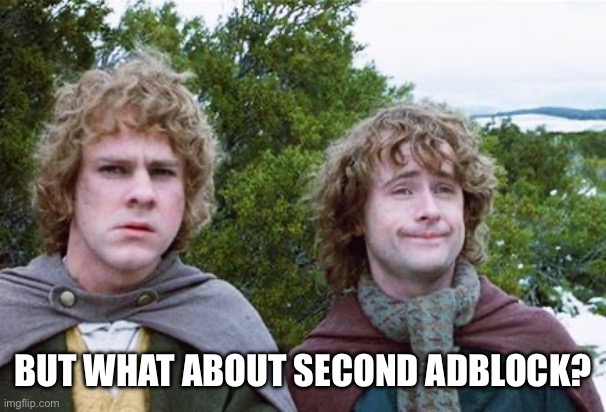 Second Breakfast | BUT WHAT ABOUT SECOND ADBLOCK? | image tagged in second breakfast | made w/ Imgflip meme maker