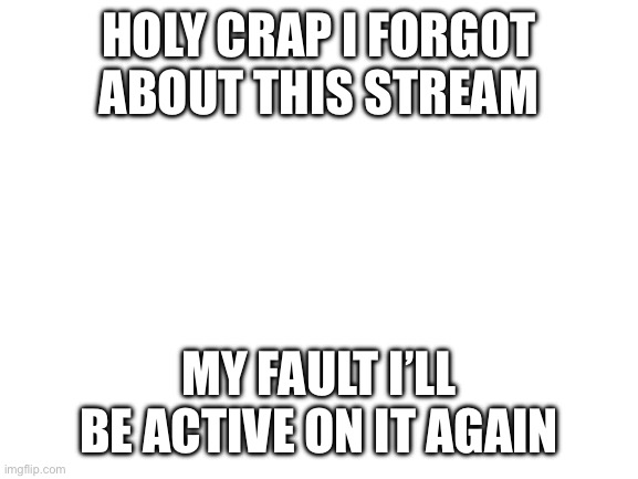 Thx for holding down the fort idkoffical | HOLY CRAP I FORGOT ABOUT THIS STREAM; MY FAULT I’LL BE ACTIVE ON IT AGAIN | image tagged in blank white template | made w/ Imgflip meme maker