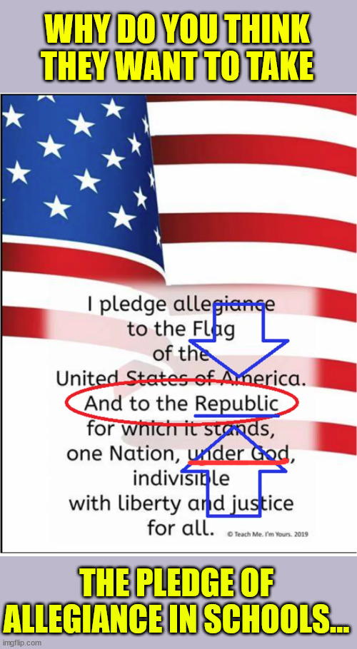 Republic... | WHY DO YOU THINK THEY WANT TO TAKE; THE PLEDGE OF ALLEGIANCE IN SCHOOLS... | image tagged in pledge of allegiance,there is a reason why,lefties,hate it | made w/ Imgflip meme maker