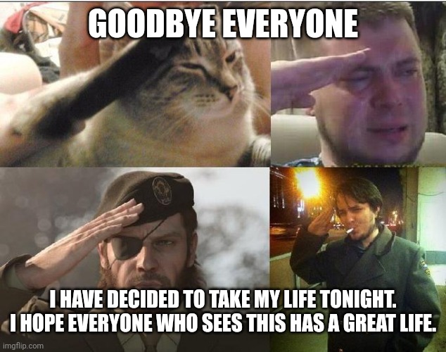 Bye | GOODBYE EVERYONE; I HAVE DECIDED TO TAKE MY LIFE TONIGHT. I HOPE EVERYONE WHO SEES THIS HAS A GREAT LIFE. | image tagged in ozon's salute | made w/ Imgflip meme maker