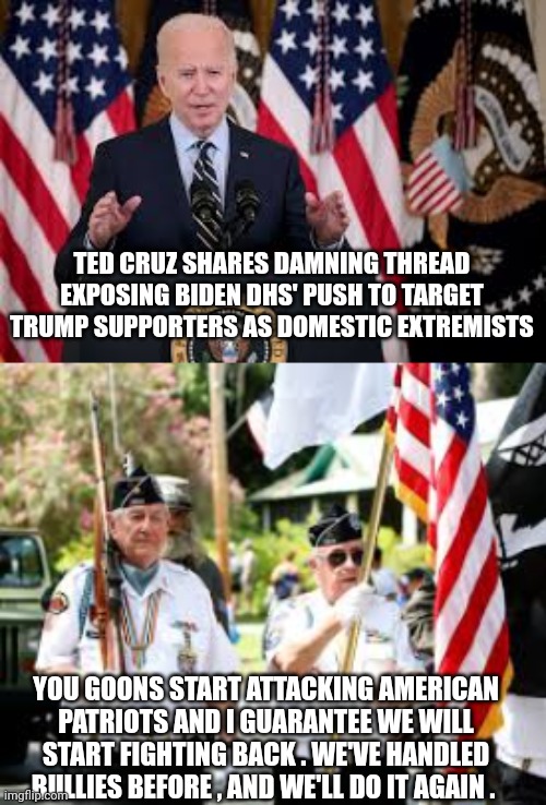 attacking patriots | TED CRUZ SHARES DAMNING THREAD EXPOSING BIDEN DHS' PUSH TO TARGET TRUMP SUPPORTERS AS DOMESTIC EXTREMISTS; YOU GOONS START ATTACKING AMERICAN PATRIOTS AND I GUARANTEE WE WILL START FIGHTING BACK . WE'VE HANDLED BULLIES BEFORE , AND WE'LL DO IT AGAIN . | image tagged in revolution | made w/ Imgflip meme maker