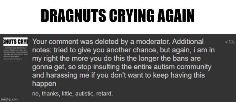 dragnuts is such an autistic retard | DRAGNUTS CRYING AGAIN | image tagged in autistic,retard,is,dragnoc | made w/ Imgflip meme maker