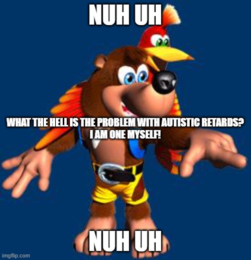 Banjo-Kazooie | NUH UH NUH UH WHAT THE HELL IS THE PROBLEM WITH AUTISTIC RETARDS?
I AM ONE MYSELF! | image tagged in banjo-kazooie | made w/ Imgflip meme maker