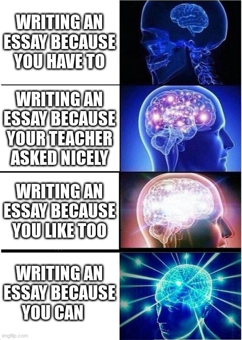 Expanding Brain | WRITING AN ESSAY BECAUSE YOU HAVE TO; WRITING AN ESSAY BECAUSE YOUR TEACHER ASKED NICELY; WRITING AN ESSAY BECAUSE YOU LIKE TOO; WRITING AN ESSAY BECAUSE YOU CAN | image tagged in memes,expanding brain | made w/ Imgflip meme maker